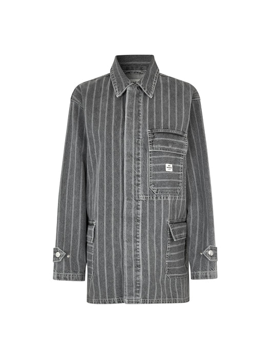 Grey Stripe Denim Johnny Jacket, Grey