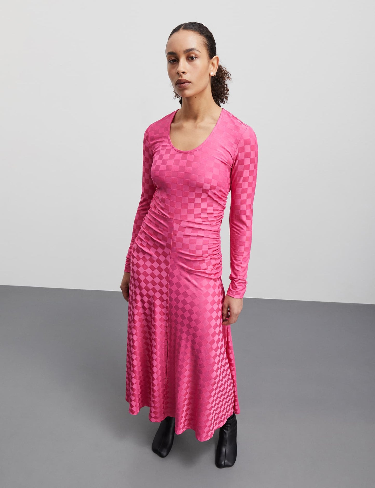 Check Jersey Bertie Dress, Fuchsia Purple