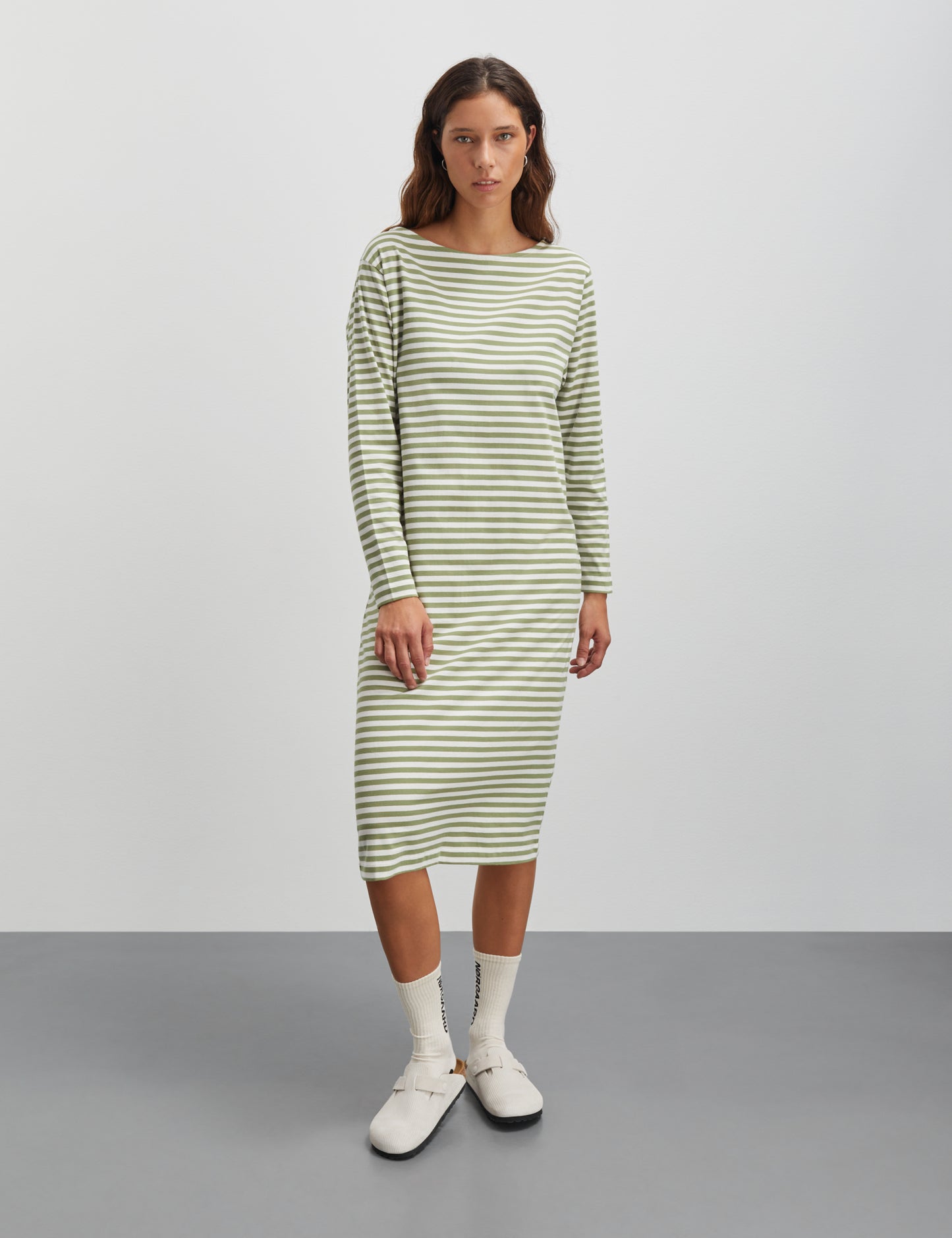 Soft Single Stripe Sille Dress, Mosstone/Snow White