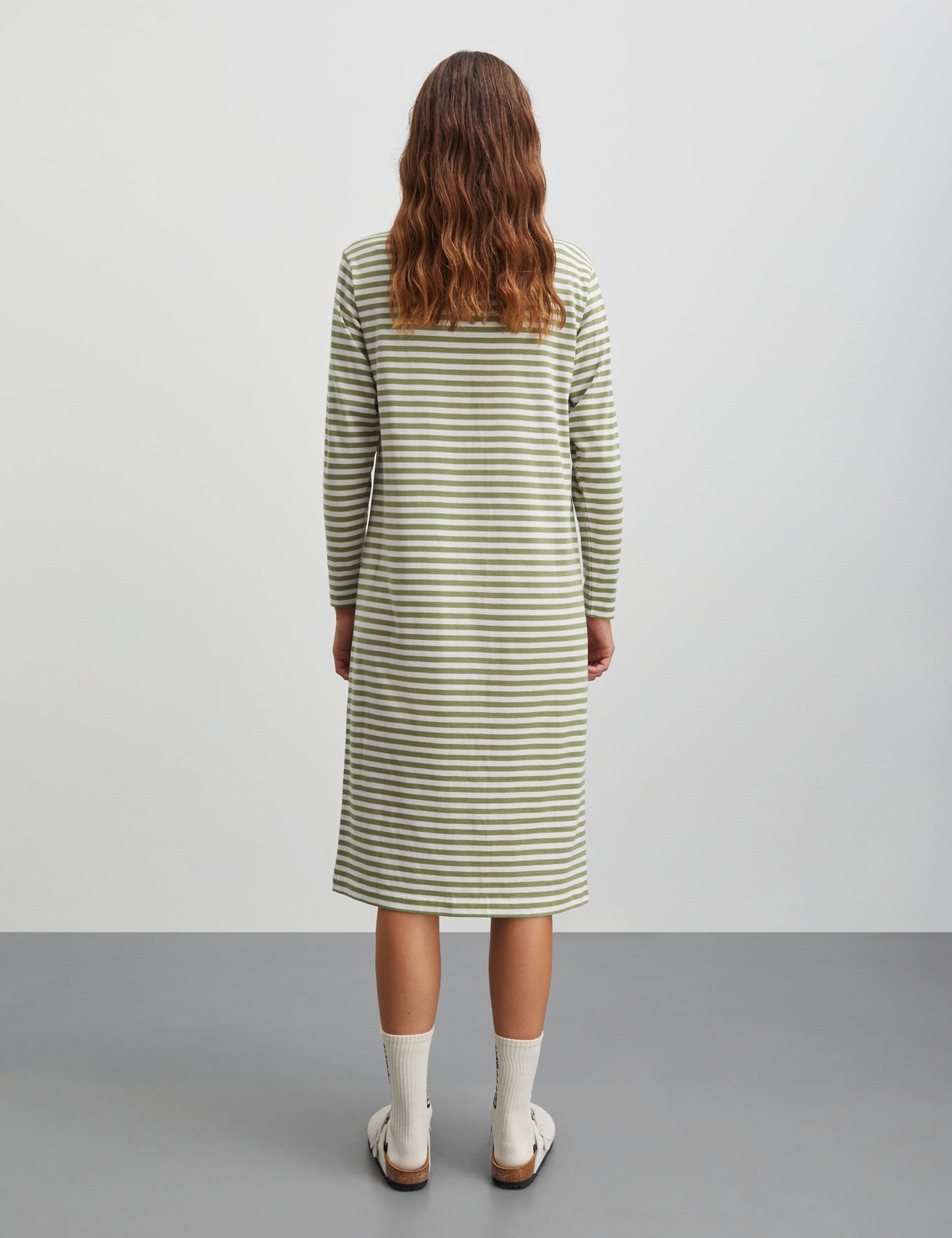 Soft Single Stripe Sille Dress, Mosstone/Snow White