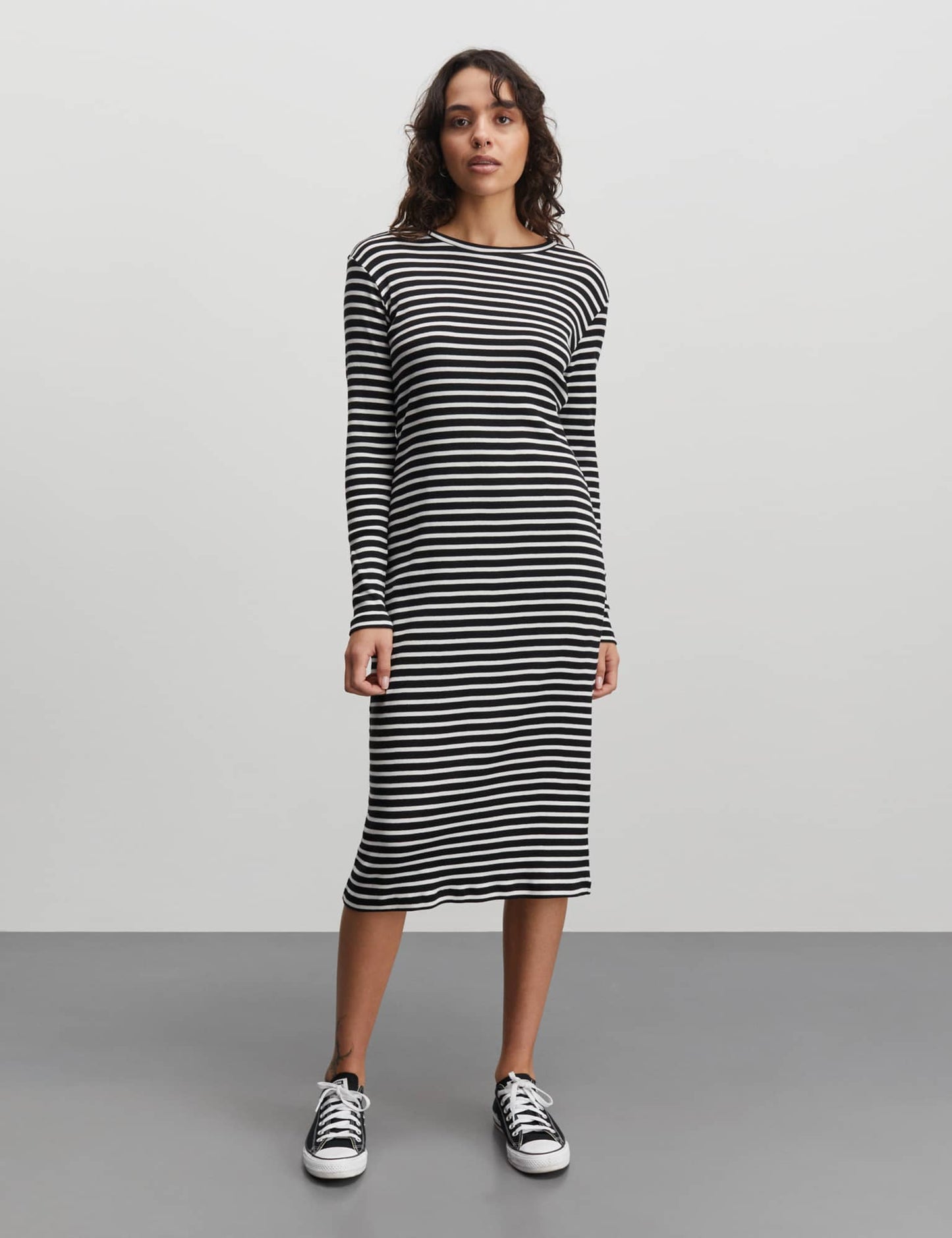 2x2 Cotton Stripe Duba Dress, Black/White Alyssum