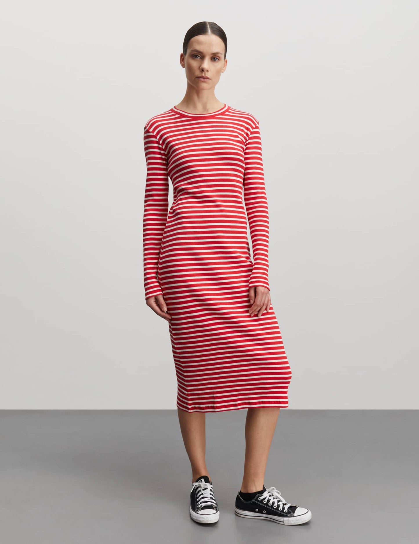 2x2 Cotton Stripe Duba Dress, High Risk Red/White Alyssum