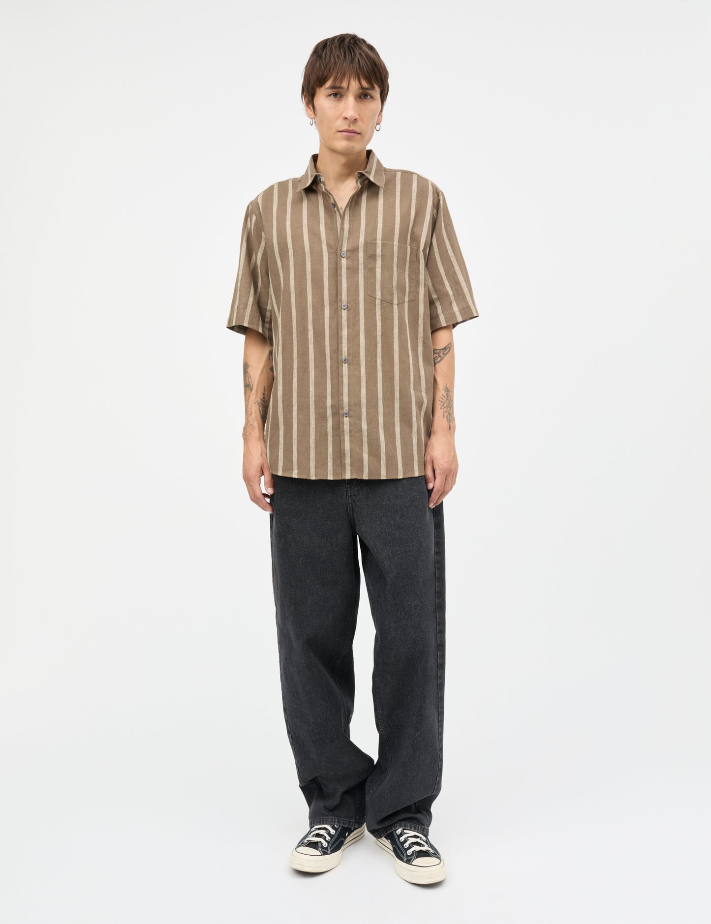 Cotton Linen Victor Stripe Shirt SS, Walnut/Castle Wall