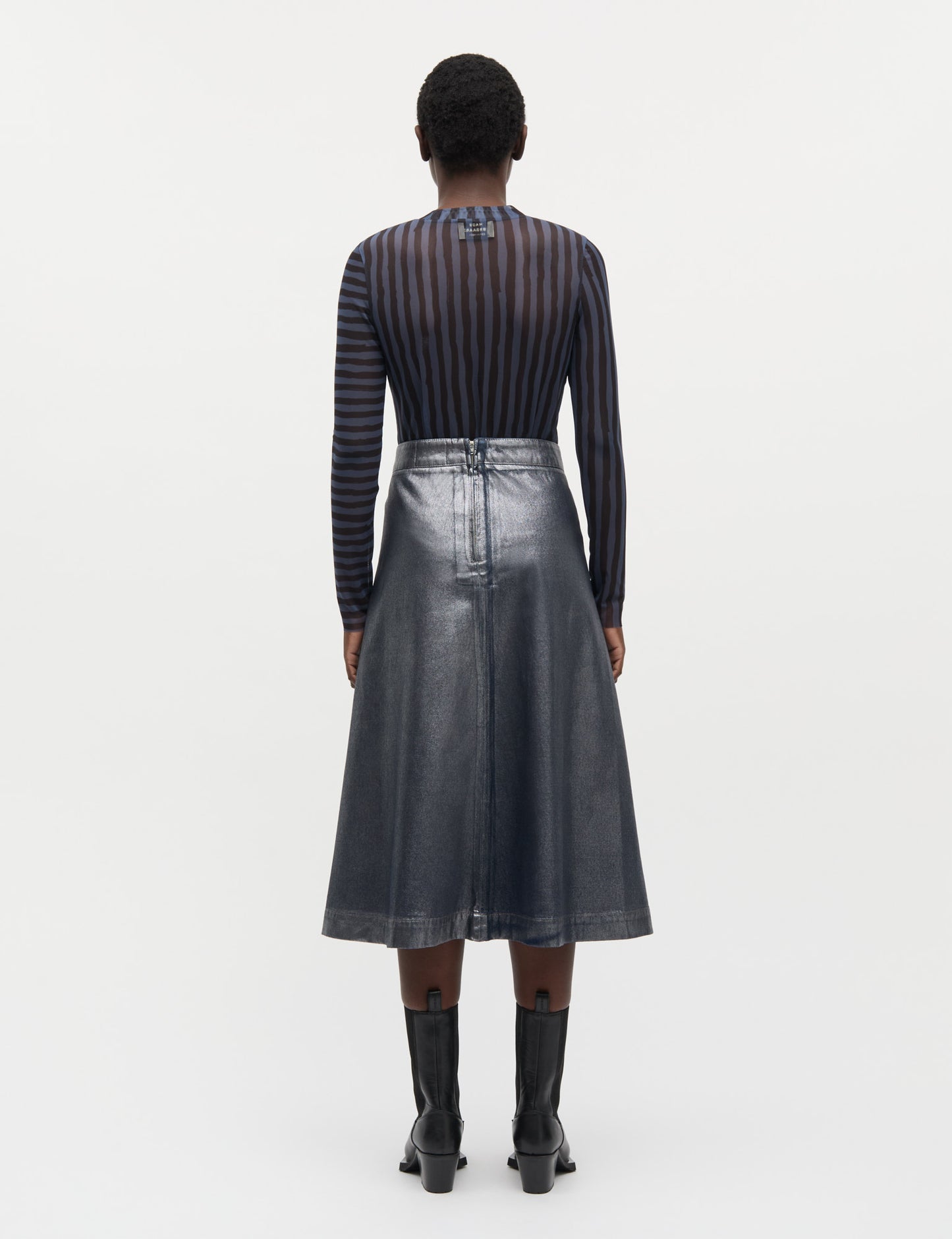 Metallic Denim Stellar Skirt, Vintage Blue/Gun Metal