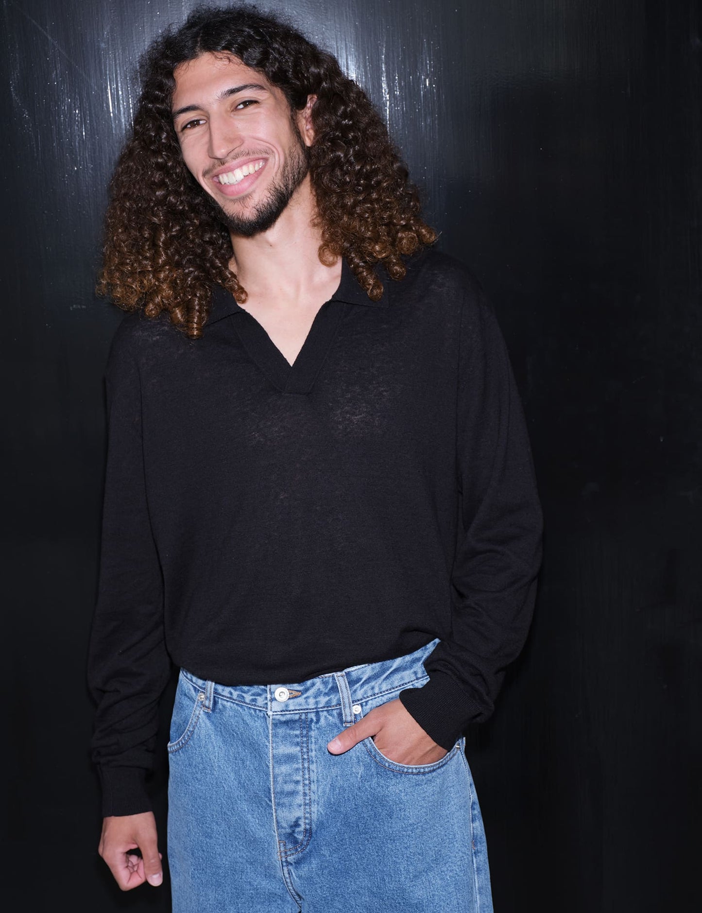 Cotton Lino Theo Polo LS Knit, Black