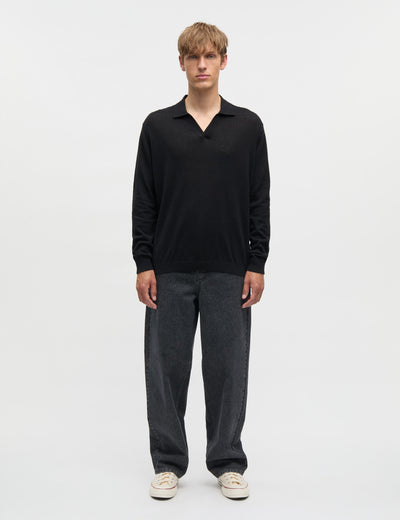 Cotton Lino Theo Polo LS Knit, Black