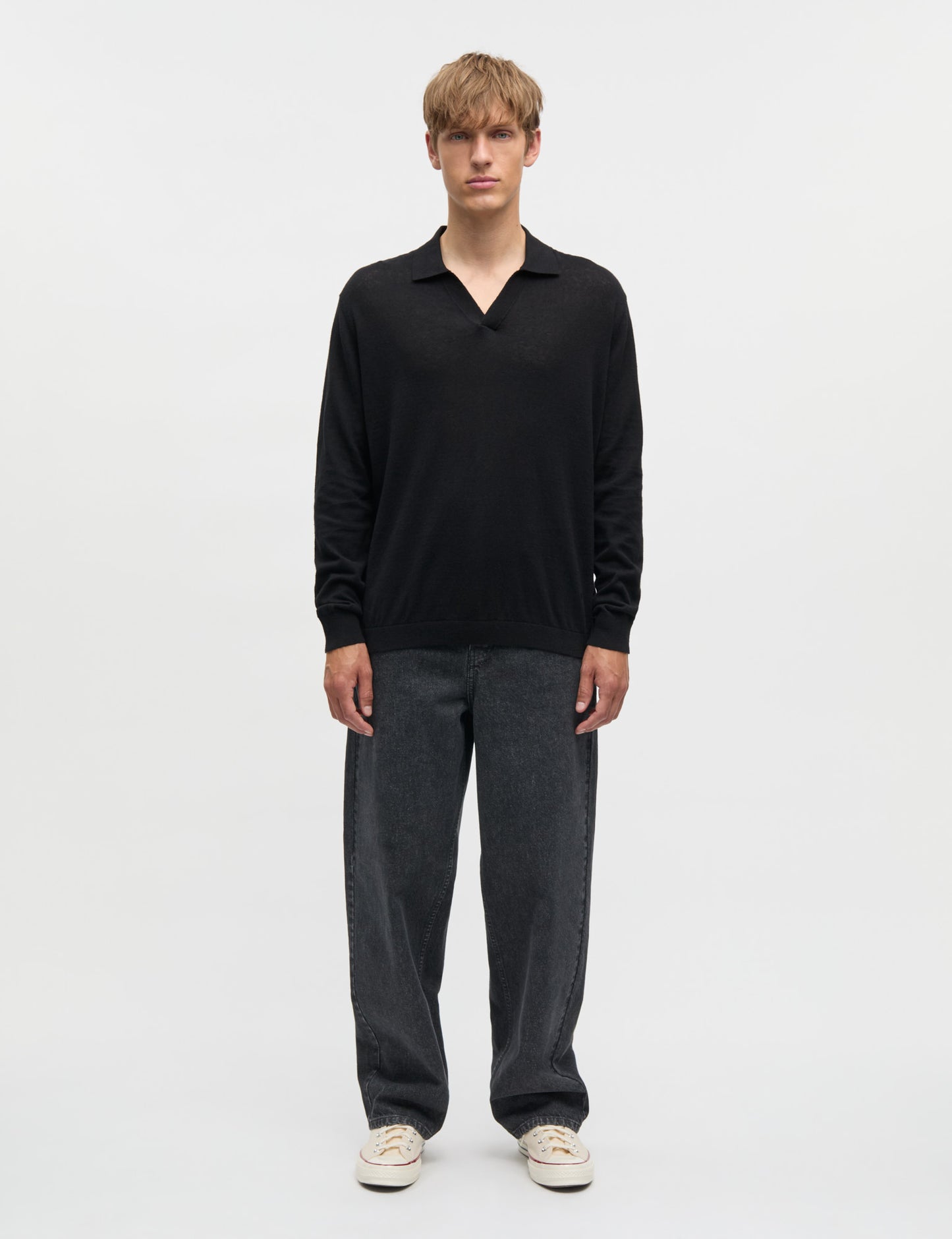 Cotton Lino Theo Polo LS Knit, Black