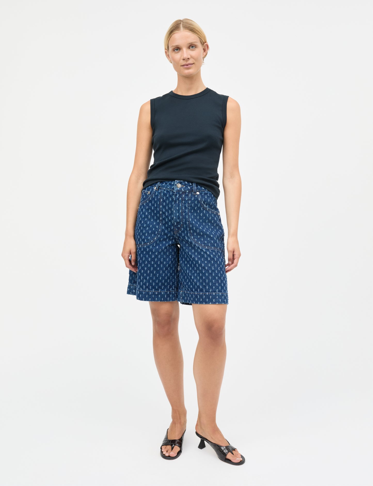 Distres Denim Rossy Shorts, Mid Blue Denim