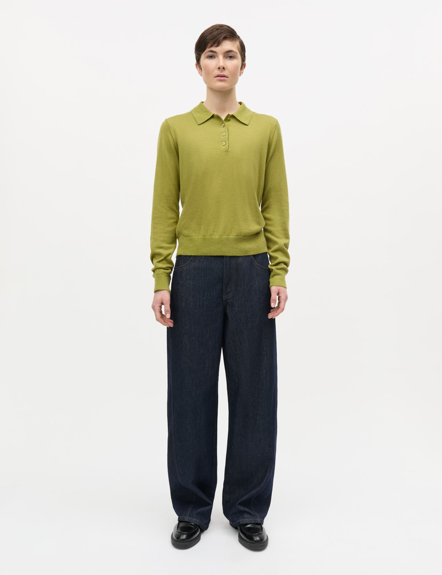 Fine Merino Rosa Polo Knit, Green Olive