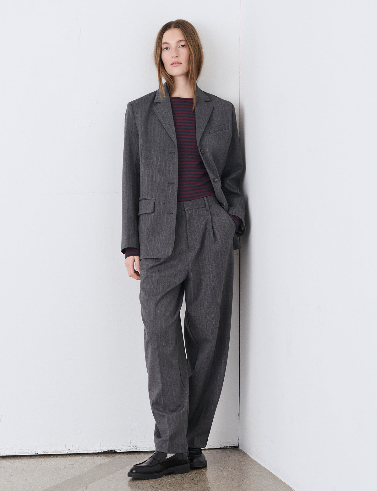Herringbone Pin Less Blazer, Dark Grey Melange/Winetasting