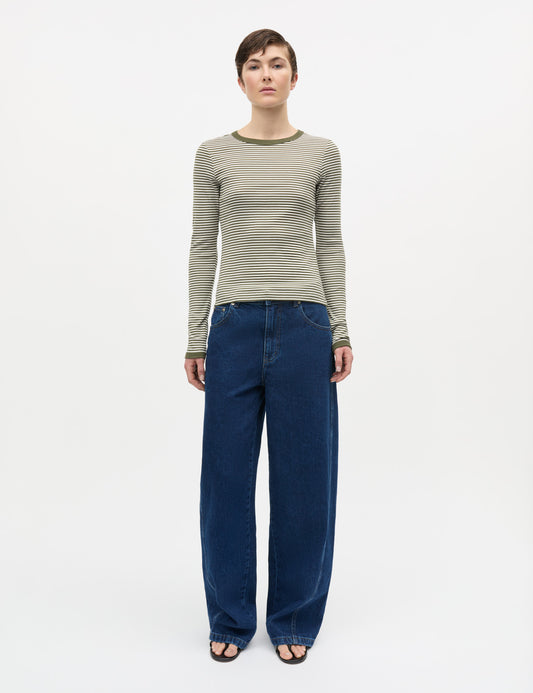 Grace Jersey Stripe Camille Tee LS, White/Tarmac