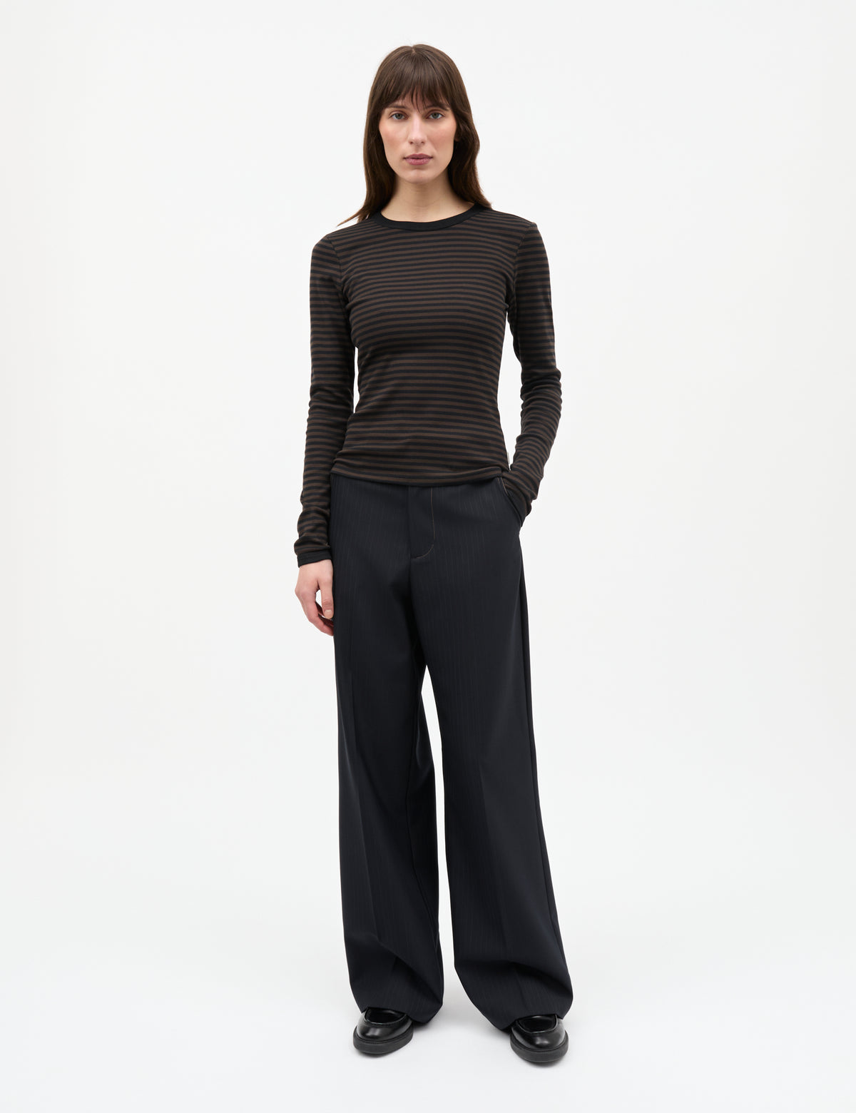 Grace Jersey Stripe Camille Tee LS, Black/Turkish Coffee